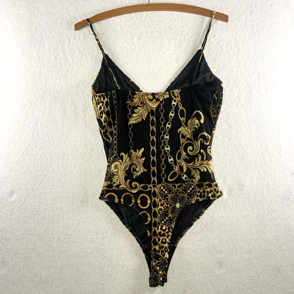 Womens Baroque Leopard Chain Print Bodysuit Sz M Y2K Mobwife Club Indie Luxury - Picture 3 of 13